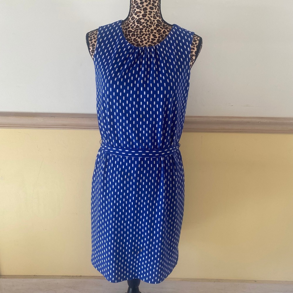 Ann Taylor Blue White Dot Sleeveless‎ Belted Midi Dress Women's Size Small